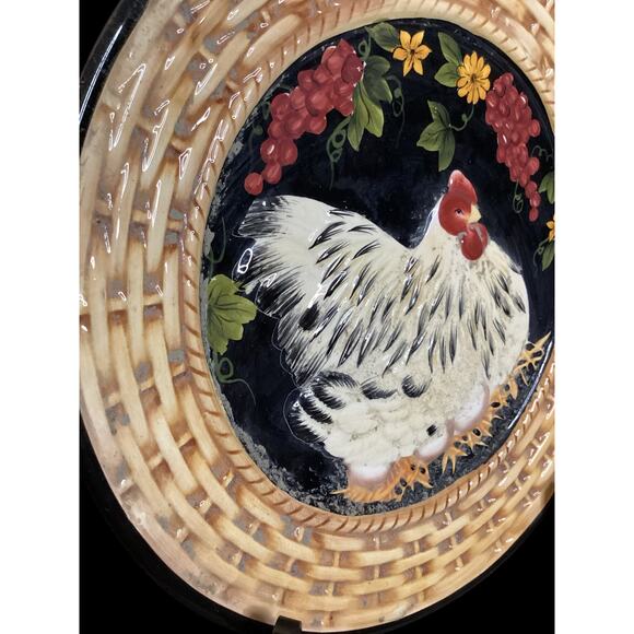 3D Hen with Basket Weaved Edge Platter, Oversized Plate Farmhouse Country Décor - Picture 2 of 5